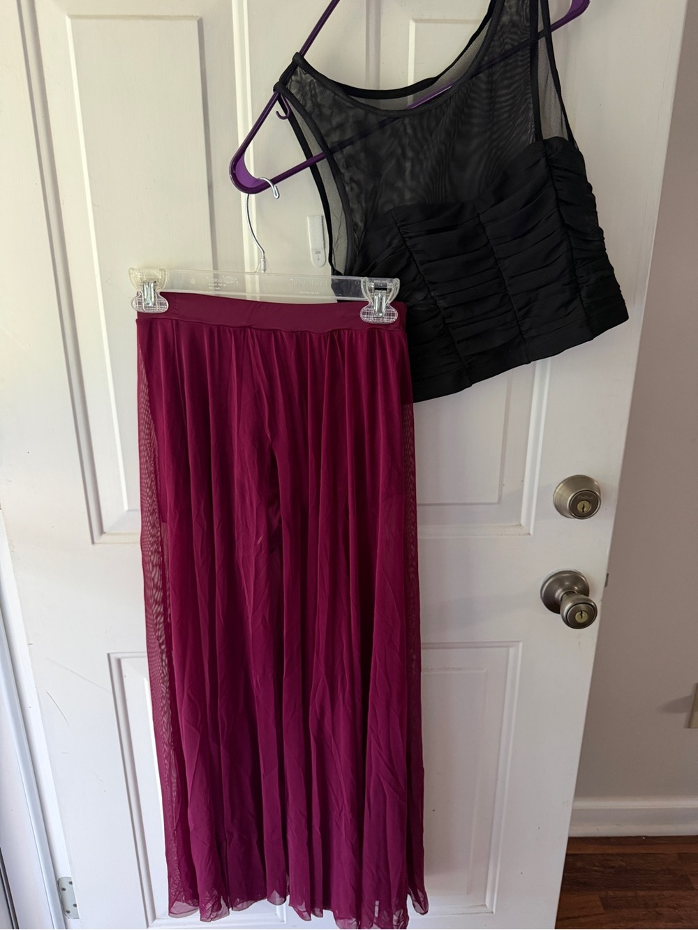 Weissman Magenta Mesh Maxi Skirt with Black Sheer Crop Top